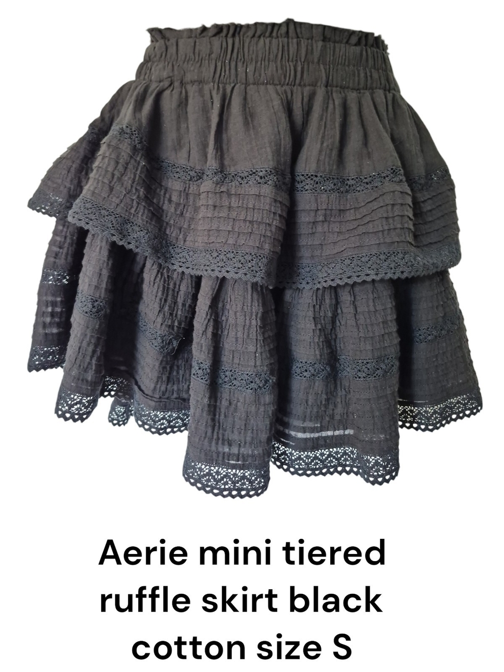 Tiered Ruffle Mini Skirt, AERIE, Cotton & Lace Black size Small Nwot